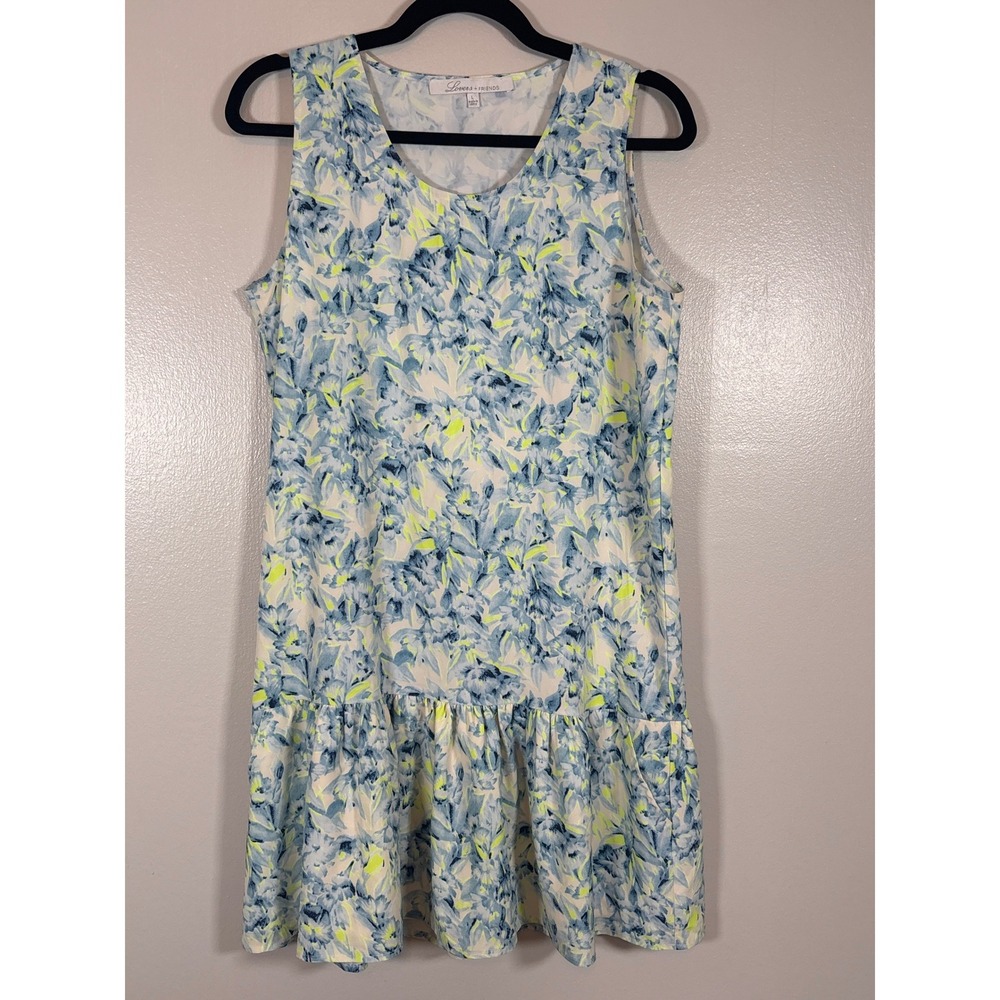 Lovers + Friends Blue Neon Yellow Floral Drop Waist Ruffle Mini‎ Dress Large